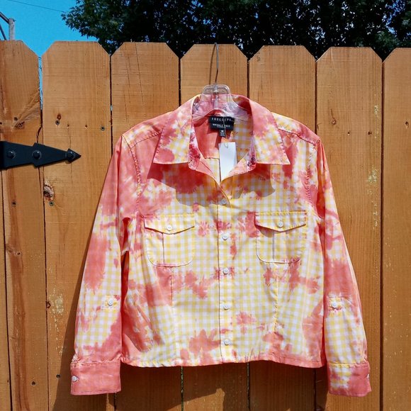 Foxcroft Tops - Foxcroft Crop Button Down Top Women's 16 Yellow Gingham Rose Tie Dye Lightweight